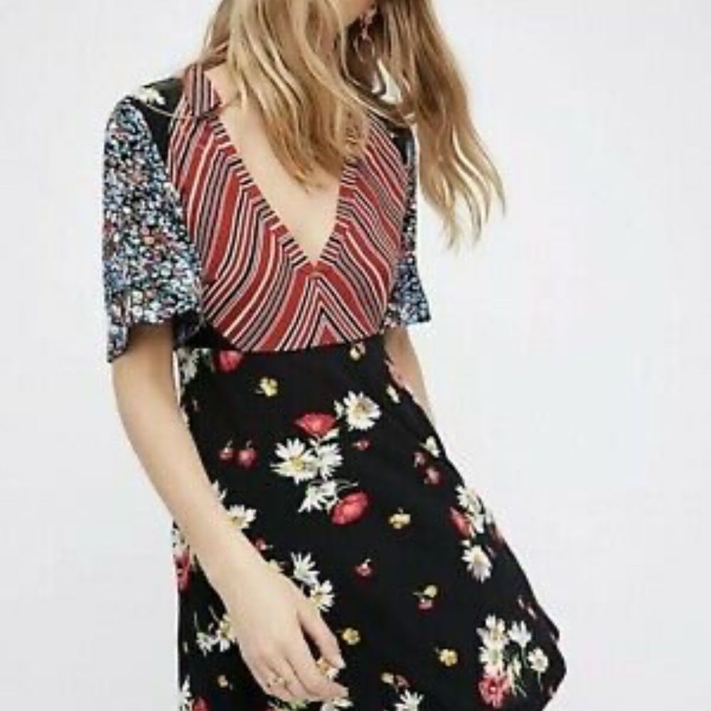 Free People Mix It Up Black Print Dress Sz…